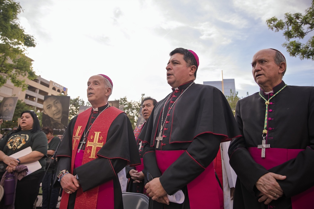 Bishop Mark J. Seitz of El Paso, Texas, Washington Auxiliary Bishop Evelio Menjivar, and Bishop Jose Guadalupe Torres Campos of Ciudad Juarez, Mexico, take part in a vigil and protest in El Paso March 24, 2026, against mass deportations and the immigration policies of the Trump administration. (OSV News photo/Fernando Ceniceros, courtesy Diocese of El Paso)